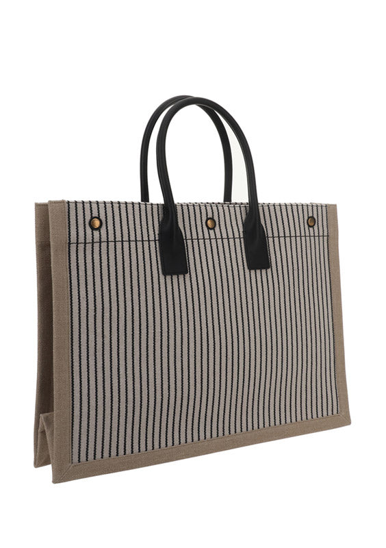 Rive Gauche Tote Bag In Linen And Smooth Leather - Cream / Black