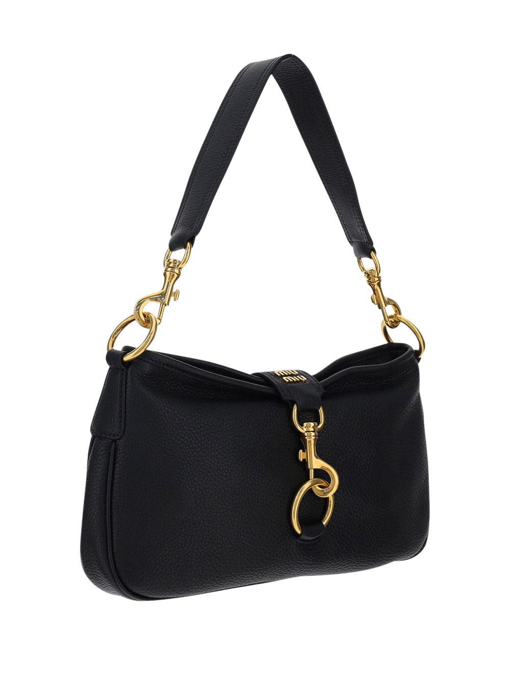 Leather Shoulder Bag with Snap Hook - Black