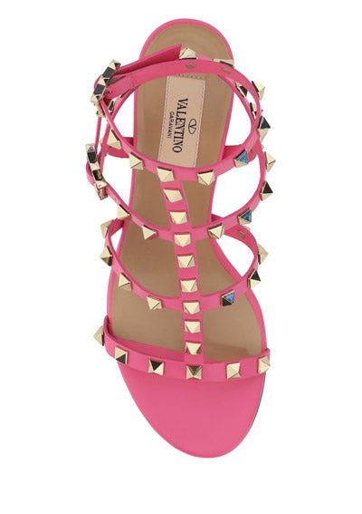 Rockstud Metallic Calfskin Leather Ankle Strap Sandal 60MM - Pink