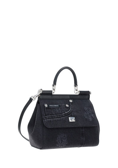 Small Sicily Bag in Calfskin and Patchwork Denim - Black