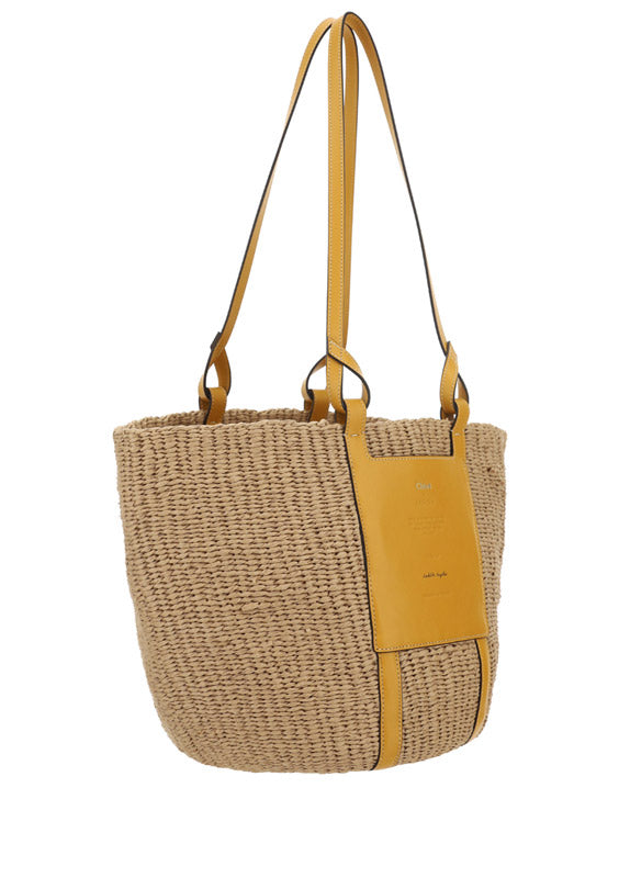Large Basket in Fair Trade Paper & Shiny Calfskin - Natural / Yellow