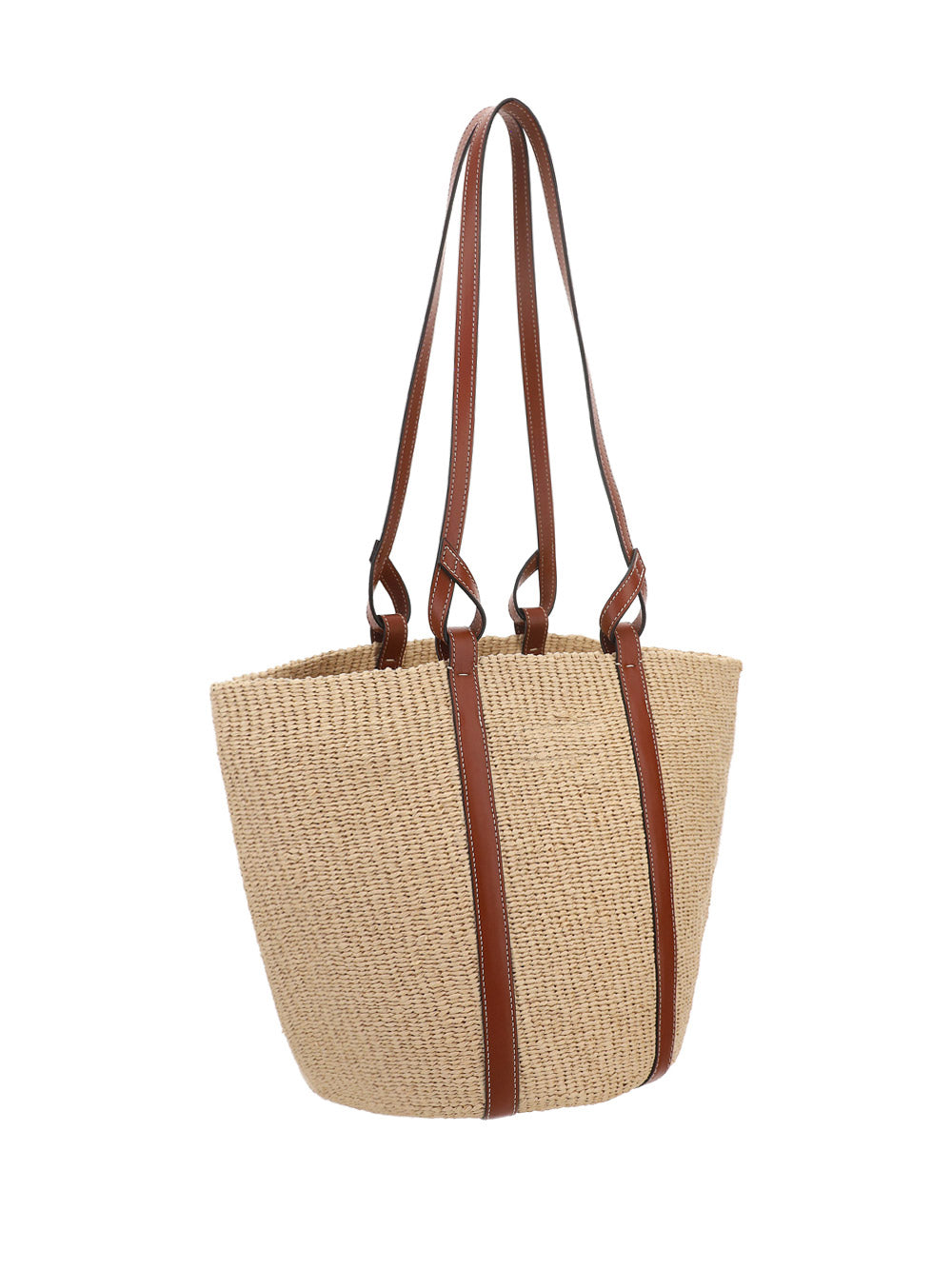 Large Basket in Fair Trade Paper & Shiny Calfskin - Natural / Brown