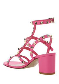 Rockstud Metallic Calfskin Leather Ankle Strap Sandal 60MM - Pink