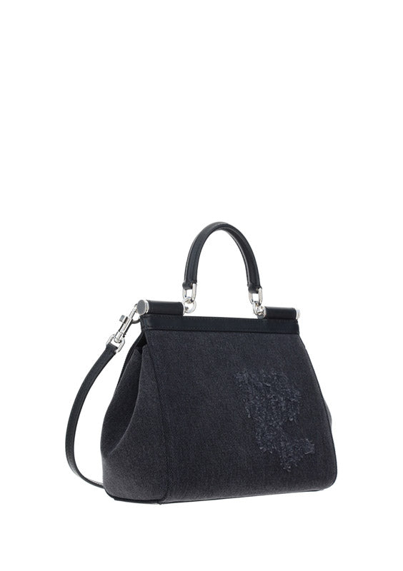 Small Sicily Bag in Calfskin and Patchwork Denim - Black