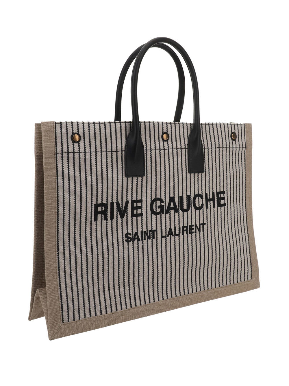Rive Gauche Tote Bag In Linen And Smooth Leather - Cream / Black