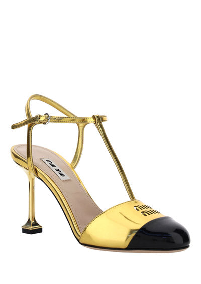 Metallic Technical Fabric And Patent Leather Pumps - Golden