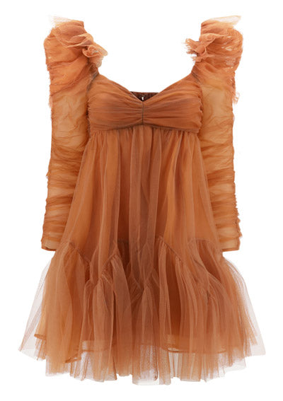 Tulle Ruched Mini Dress - Lipstick