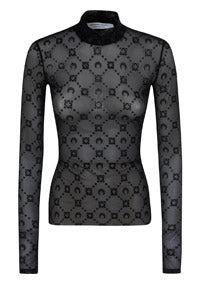 Moonogram-Flocked Mesh Top - Black