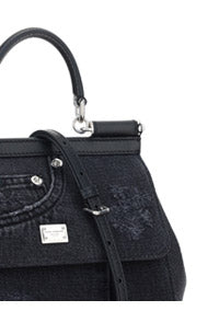 Small Sicily Bag in Calfskin and Patchwork Denim - Black