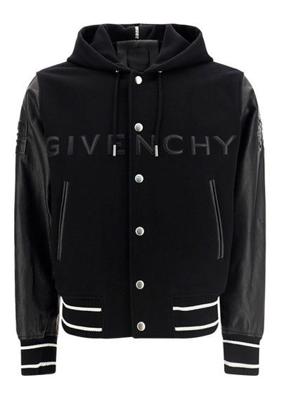 Hooded Bomber Jacket in Wool and Leather Black