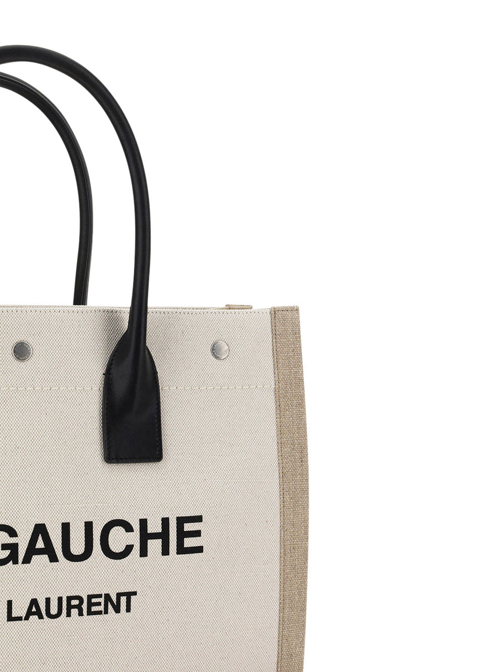 Rive Gauche Small Tote Bag in Linen and Leather - Greige/Black/Naturel