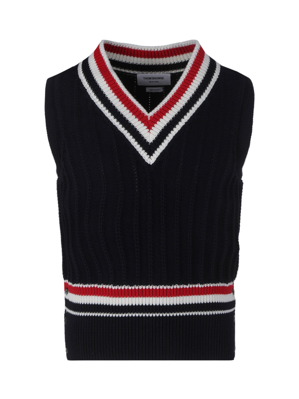 Cashmere Strip Trim Knit V-Neck Vest - Navy