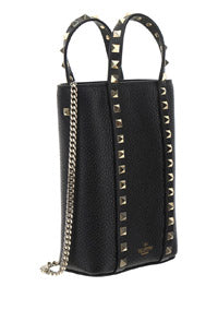 Rockstud Leather Pouch With Chain - Black