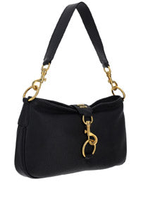 Leather Shoulder Bag with Snap Hook - Black