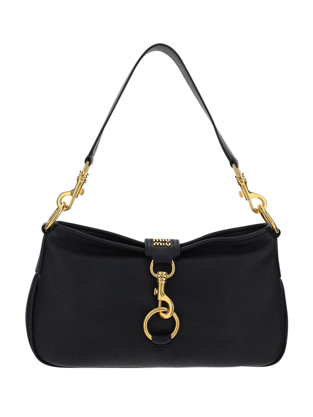 Leather Shoulder Bag with Snap Hook - Black