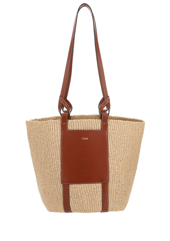 Large Basket in Fair Trade Paper & Shiny Calfskin - Natural / Brown