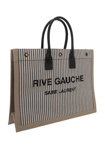Rive Gauche Tote Bag In Linen And Smooth Leather - Cream / Black