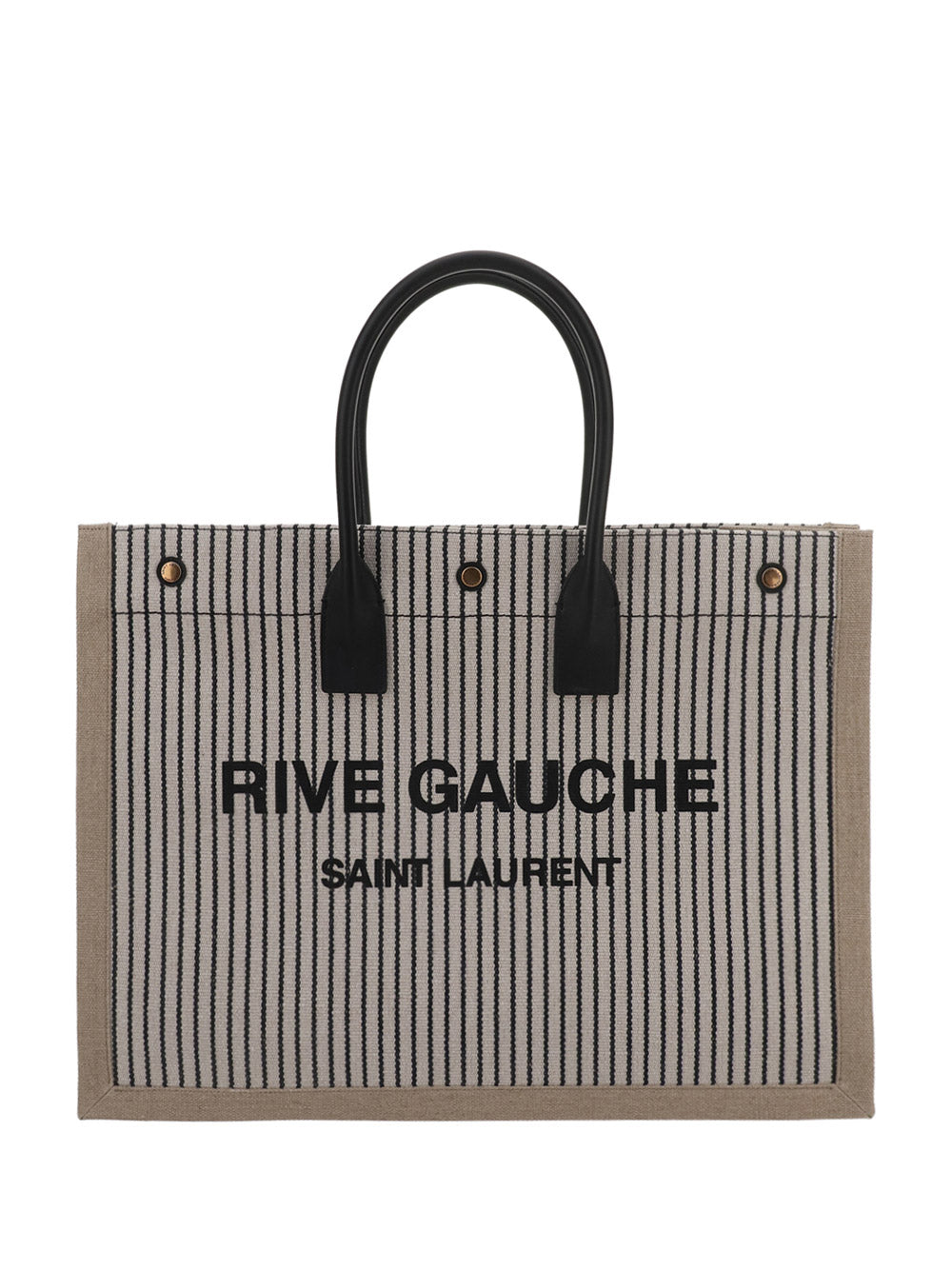 Rive Gauche Tote Bag In Linen And Smooth Leather - Cream / Black
