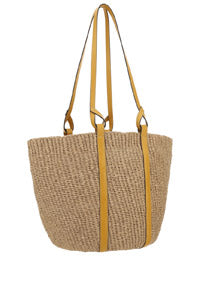 Large Basket in Fair Trade Paper & Shiny Calfskin - Natural / Yellow
