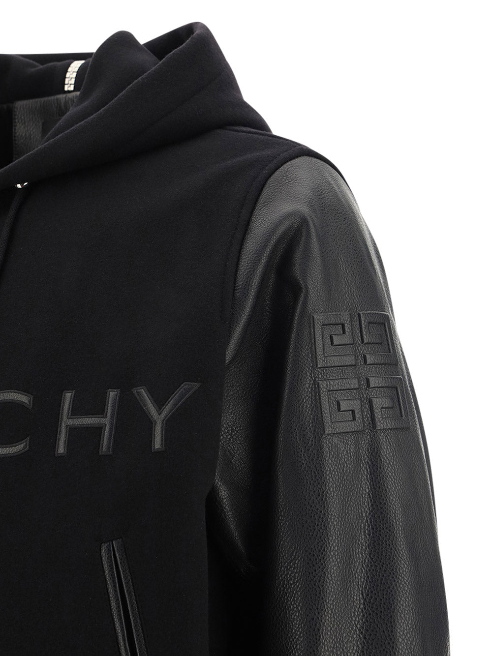 Hooded Bomber Jacket in Wool and Leather Black