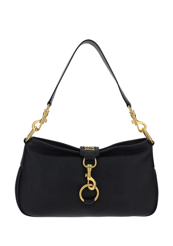 Leather Shoulder Bag with Snap Hook - Black