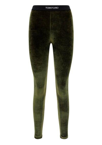 Stretch Velvet Signature Leggings - Olive Green