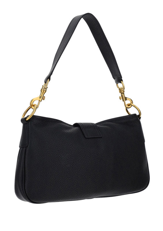 Leather Shoulder Bag with Snap Hook - Black