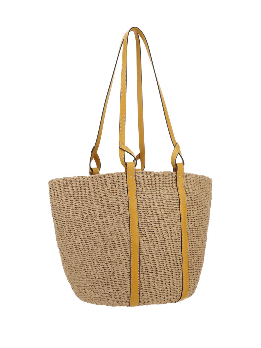 Large Basket in Fair Trade Paper & Shiny Calfskin - Natural / Yellow