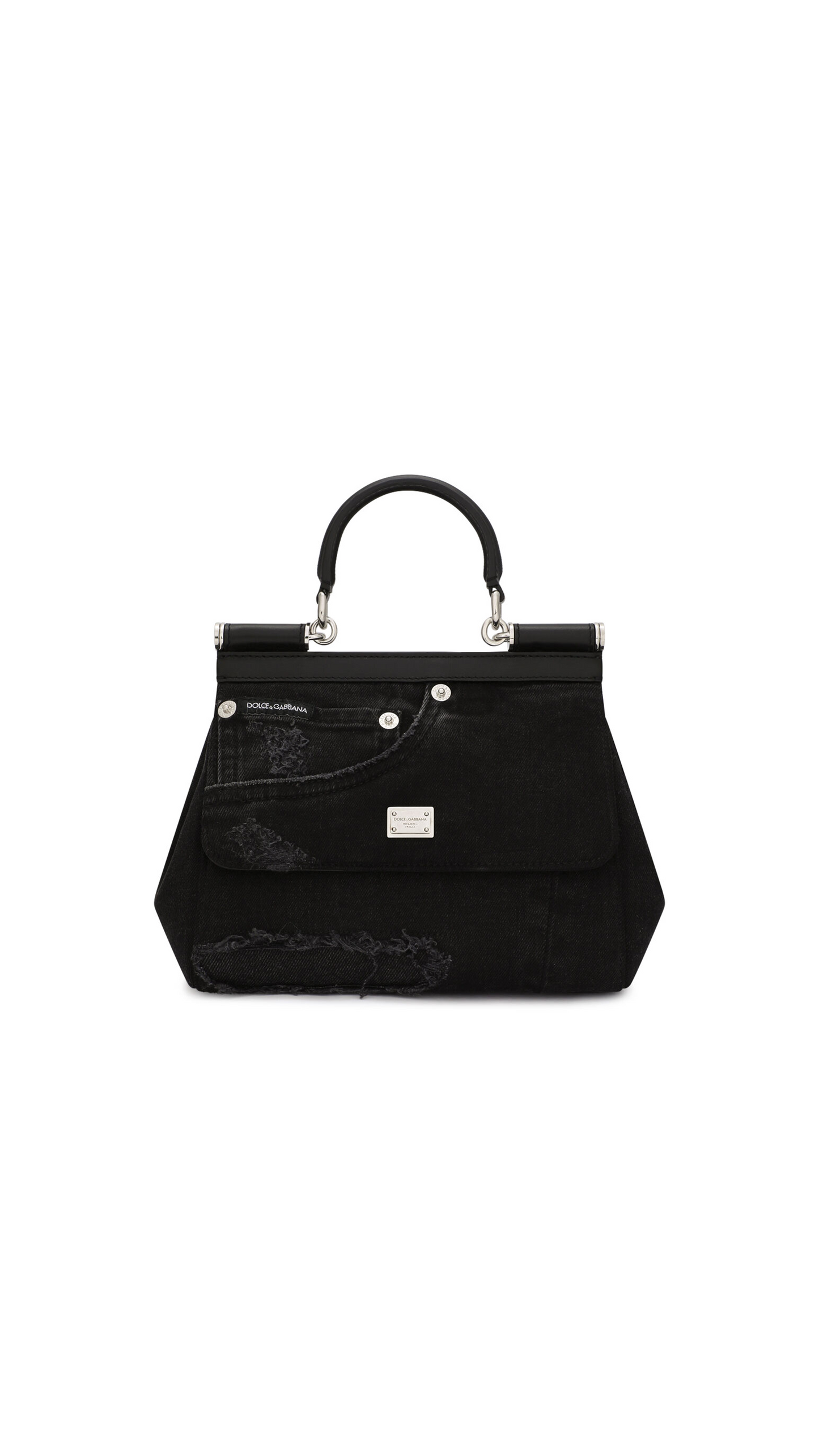 Small Sicily Bag in Calfskin and Patchwork Denim - Black