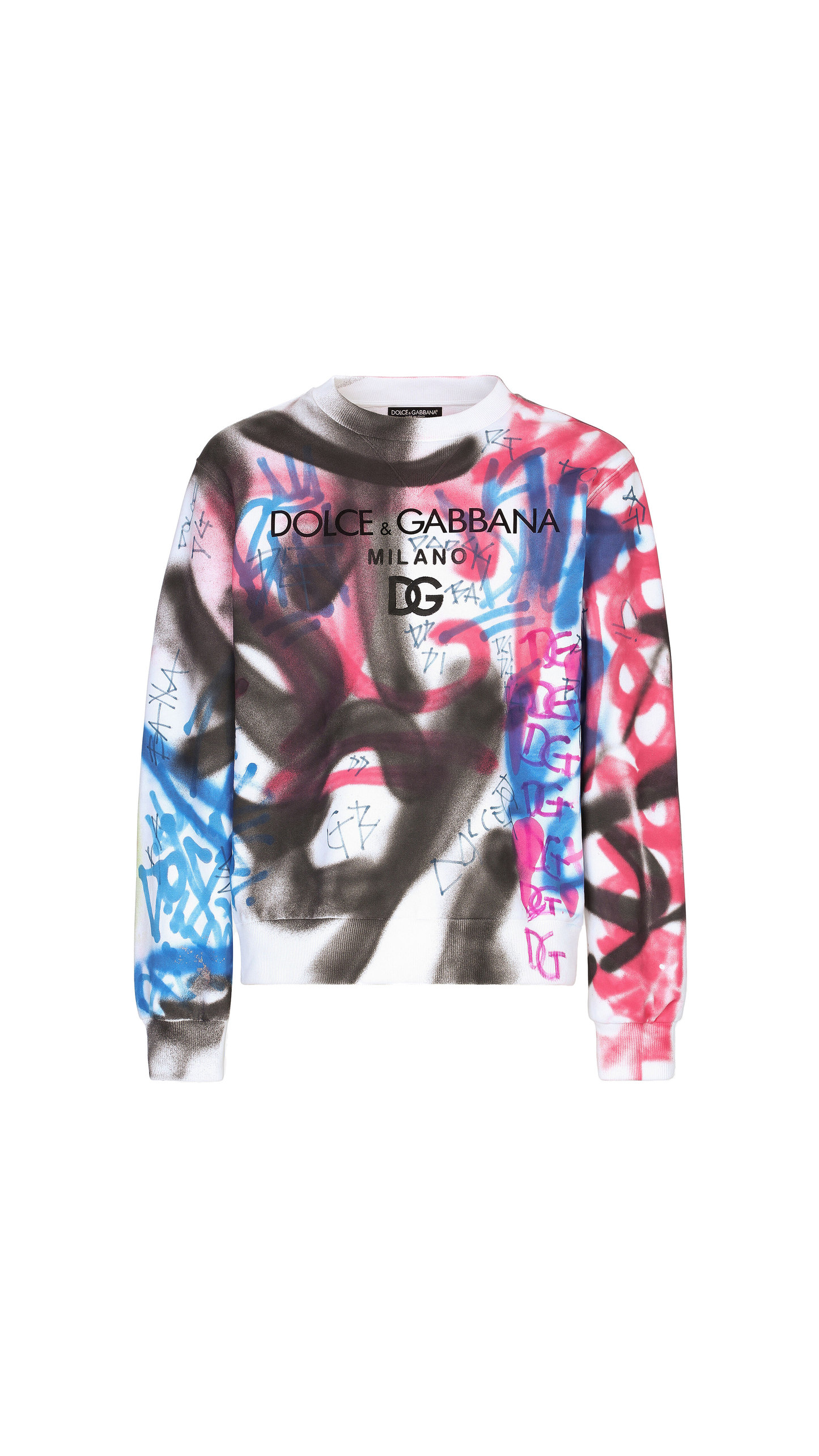 Embroidered Jersey Sweatshirt with Spray-paint Graffiti Print - White/Multi