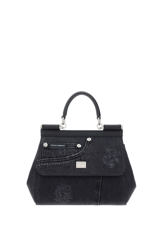 Small Sicily Bag in Calfskin and Patchwork Denim - Black