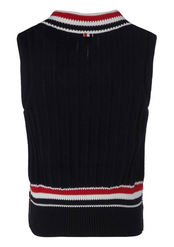 Cashmere Strip Trim Knit V-Neck Vest - Navy