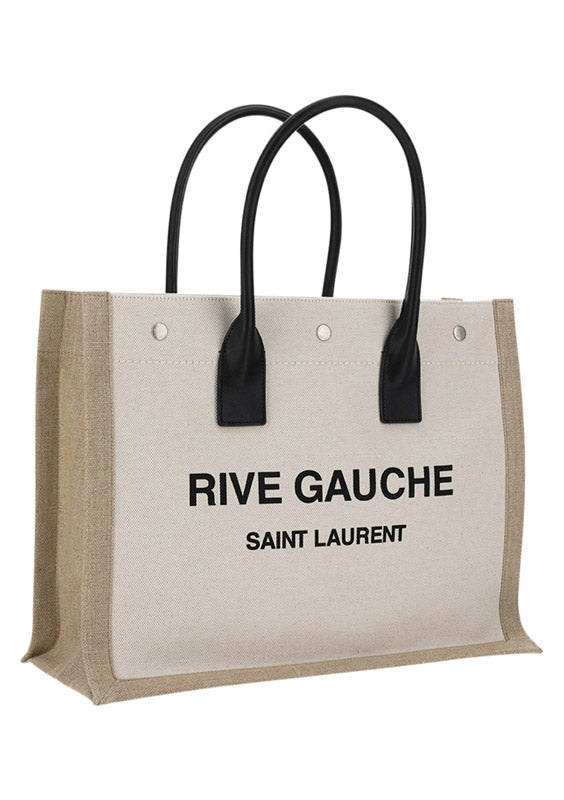 Rive Gauche Small Tote Bag in Linen and Leather - Greige/Black/Naturel