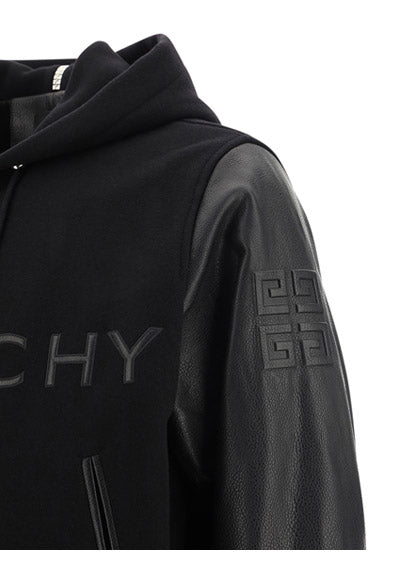 Hooded Bomber Jacket in Wool and Leather Black