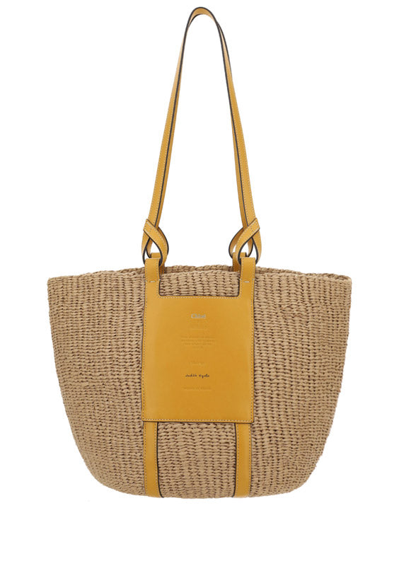 Large Basket in Fair Trade Paper & Shiny Calfskin - Natural / Yellow