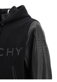 Hooded Bomber Jacket in Wool and Leather Black