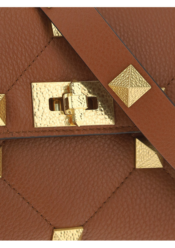 Medium Roman Stud The Shoulder Bag Grainy Calfskin - Saddle Brown
