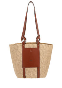 Large Basket in Fair Trade Paper & Shiny Calfskin - Natural / Brown