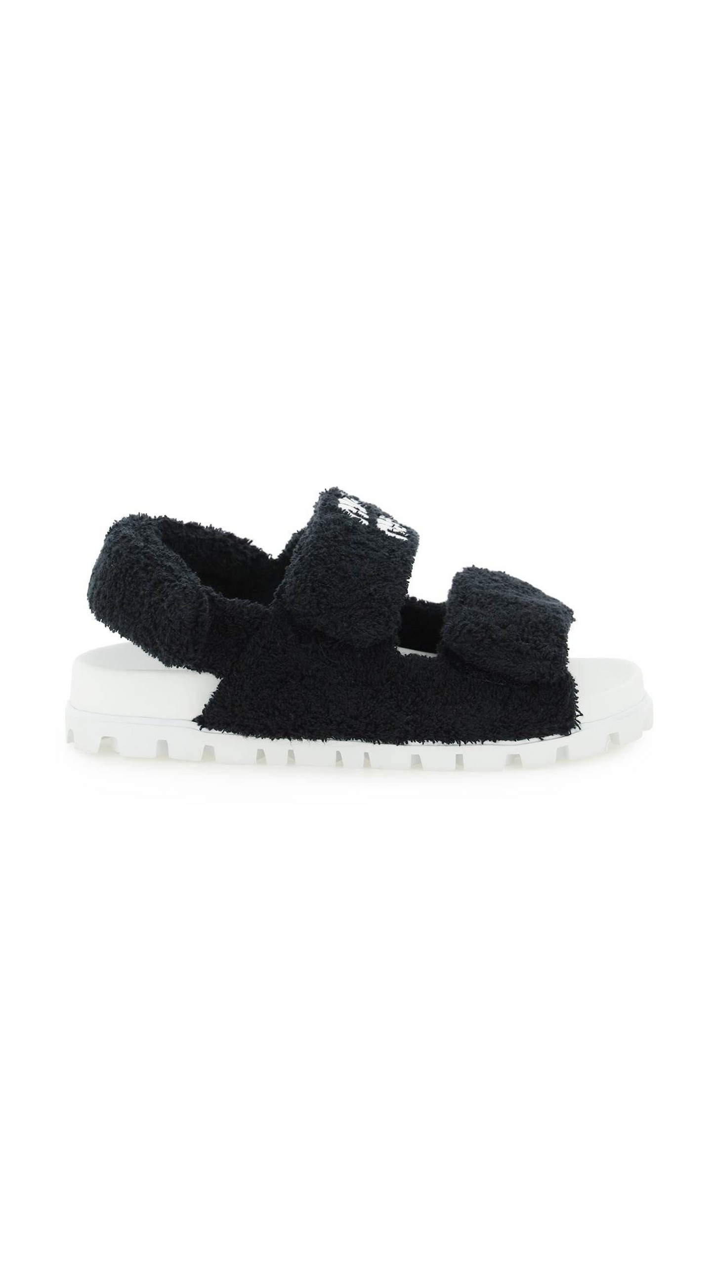 Logo Embroidered Terry Cloth Flat Sandals - Black
