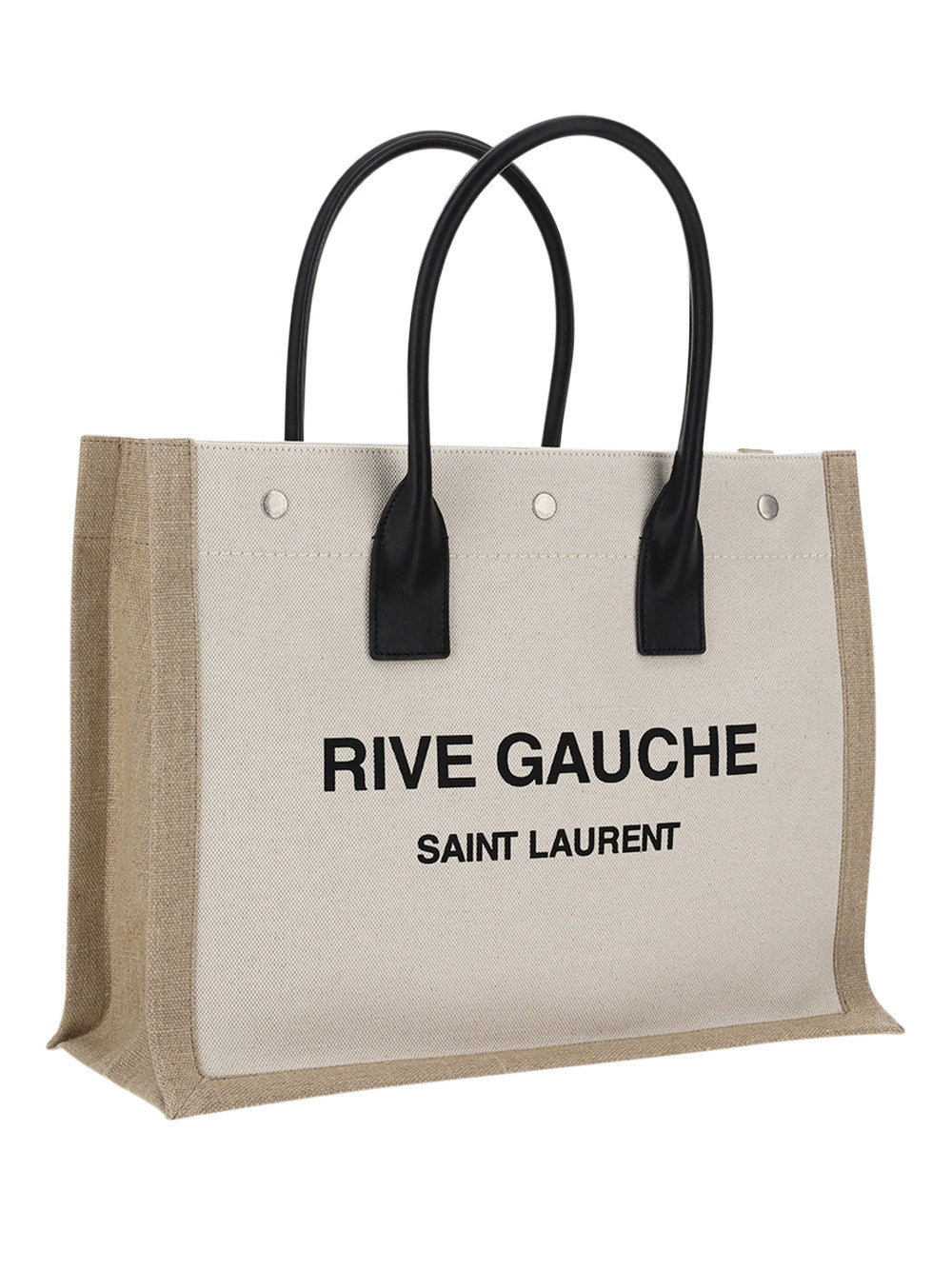 Rive Gauche Small Tote Bag in Linen and Leather - Greige/Black/Naturel