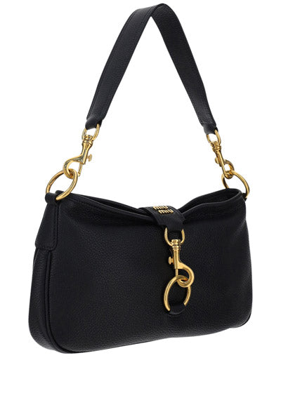 Leather Shoulder Bag with Snap Hook - Black