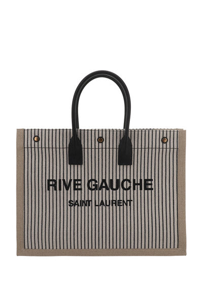 Rive Gauche Tote Bag In Linen And Smooth Leather - Cream / Black