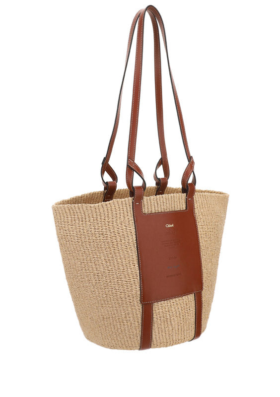 Large Basket in Fair Trade Paper & Shiny Calfskin - Natural / Brown