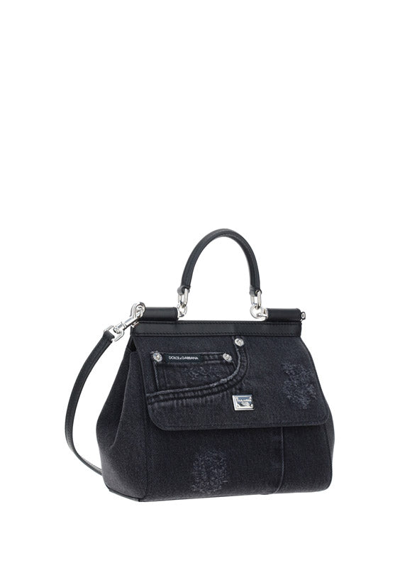Small Sicily Bag in Calfskin and Patchwork Denim - Black
