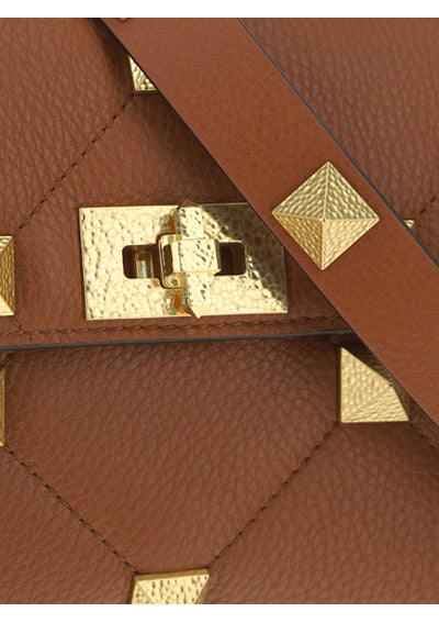 Medium Roman Stud The Shoulder Bag Grainy Calfskin - Saddle Brown