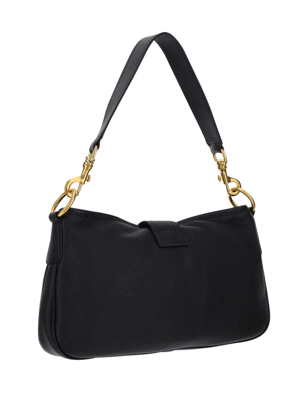 Leather Shoulder Bag with Snap Hook - Black