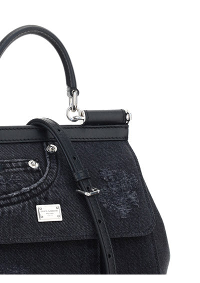 Small Sicily Bag in Calfskin and Patchwork Denim - Black