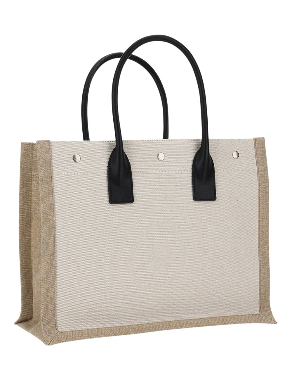 Rive Gauche Small Tote Bag in Linen and Leather - Greige/Black/Naturel
