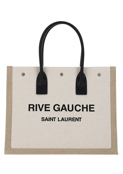 Rive Gauche Small Tote Bag in Linen and Leather - Greige/Black/Naturel