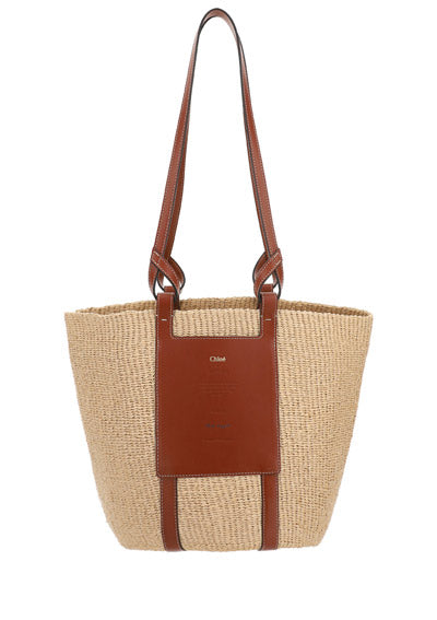Large Basket in Fair Trade Paper & Shiny Calfskin - Natural / Brown
